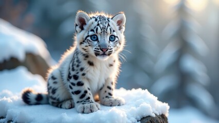 Obraz premium A snow leopard cub, with striking blue eyes, sits serenely amidst a pristine winter landscape, basking in the soft glow of the setting sun.