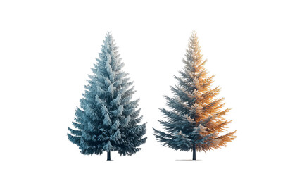 Png of Two stunning pine trees, one with a frosty blue hue and the other glowing in warm orange tones on transparent background.