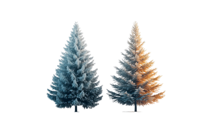 Png of Two stunning pine trees, one with a frosty blue hue and the other glowing in warm orange tones on transparent background.