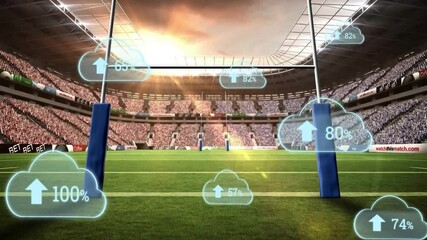 Digital cloud data overlays with percentages and arrows in rugby stadium - Powered by Adobe