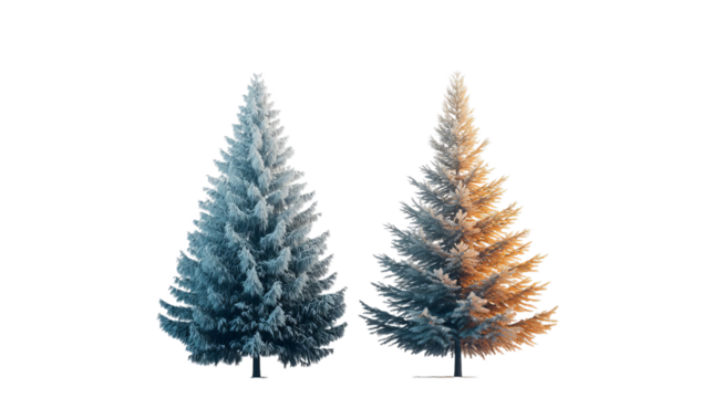Png of Two stunning pine trees, one with a frosty blue hue and the other glowing in warm orange tones on transparent background.