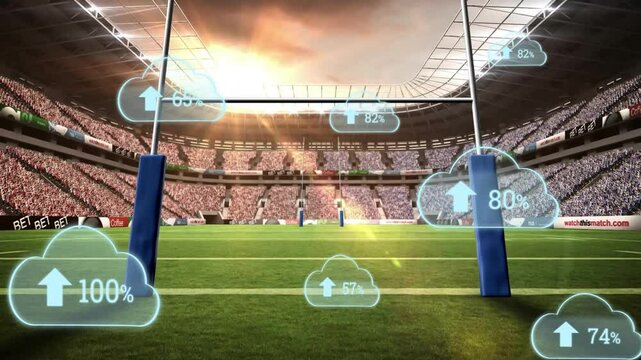 Digital cloud data overlays with percentages and arrows in rugby stadium - Powered by Adobe