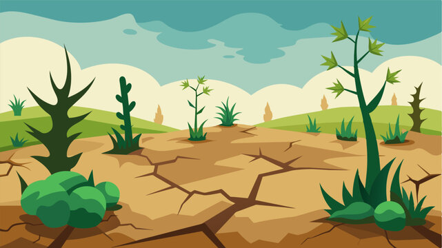 Weeds and t bushes have taken over the cracked and crumbling earth their tenacious growth a stark contrast to the barrenness of the once prosperous farmland.. Vector illustration
