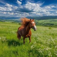 Majestic Brown Horse in Lush Green Meadow Under Blue Sky