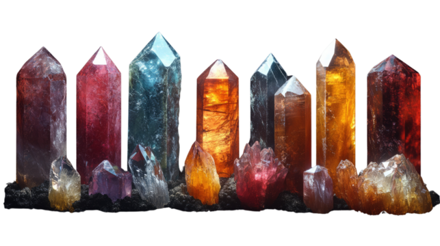 Crystalline Array: A stunning collection of various crystal formations of different colors, standing together for display, each emanating light, creating an alluring display of geological wonder.