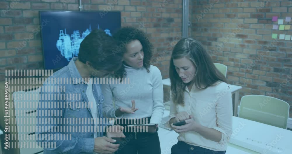 Poster three people collaborating in office with digital data processing animation overlay