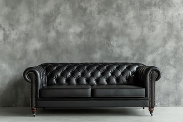 Elegant Black Leather Chesterfield Sofa against a Textured Gray Wall: Classic Design, Luxurious Comfort, Timeless Style, Interior Design Inspiration