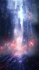 Fototapeta premium A misty urban landscape with towering buildings illuminated by ambient lights.