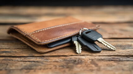 close up of luxury leather wallet with car keys on wooden surface, showcasing elegance and functionality