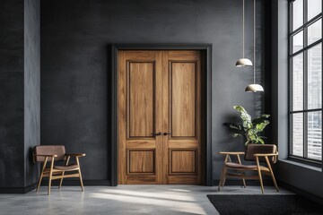 Dark room interior with wooden double door, chairs, and window.