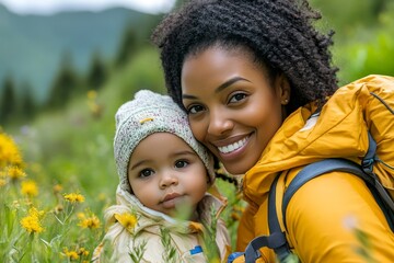 A mother and child smiling outdoors in nature