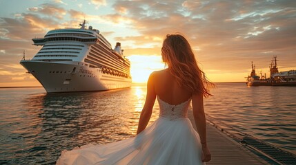 A radiant young woman in a flowing white dress stands in front of a majestic cruise ship, her eyes full of excitement as the warm glow of sunset surrounds her. 