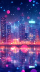 Obraz premium A vibrant city skyline at night reflected in water, adorned with colorful lights and bokeh.