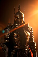 Elegant Golden Knight Standing Tall with Detailed Armor and Sun Rays