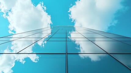 Contemporary glass office building with reflective windows against clear blue sky