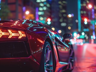 A sleek red luxury sports car with illuminated taillights is parked on a neon-lit city street at night, reflecting vibrant colors from the urban nightlife.