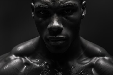 This is a dramatic black-and-white close-up portrait of a strong male athlete. His intense stare, sweat on his sculpted skin, and deep shadows emphasize his powerful physique.