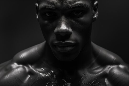 This is a dramatic black-and-white close-up portrait of a strong male athlete. His intense stare, sweat on his sculpted skin, and deep shadows emphasize his powerful physique.
