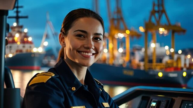 Smiling woman captain at the helm of a ship at night