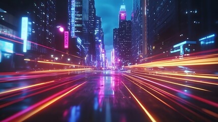 Obraz premium A vibrant cityscape at night with dynamic light trails from vehicles.