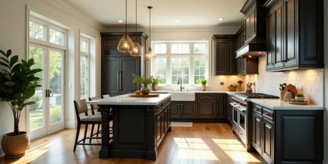 Luxurious dark kitchen design with island, hardwood floors, and ample natural light streaming through large windows, creating a warm and inviting atmosphere.