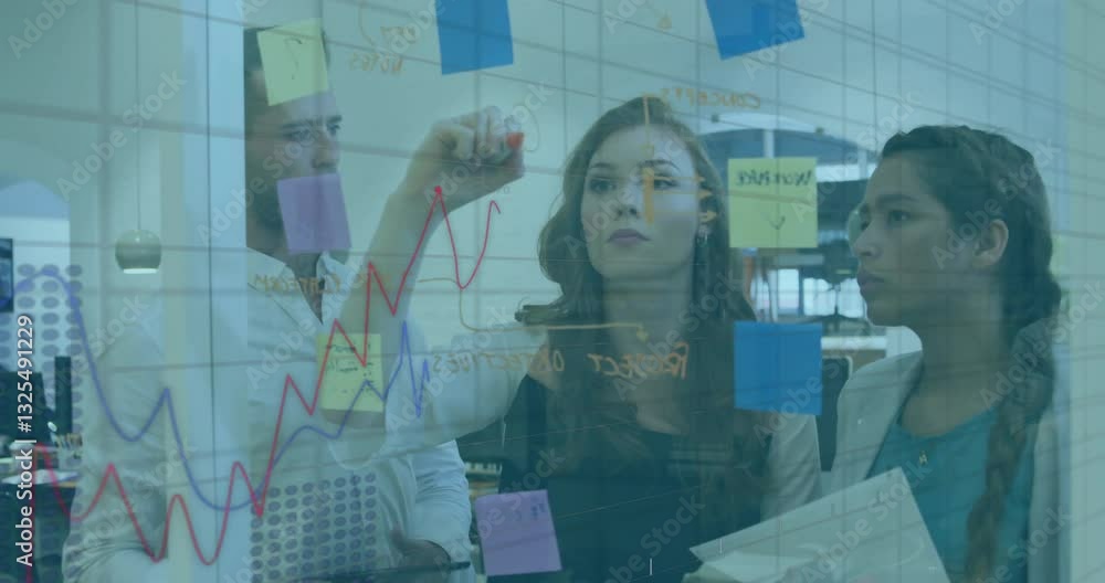Aufkleber analyzing graphs and notes, business team using transparent board in office
