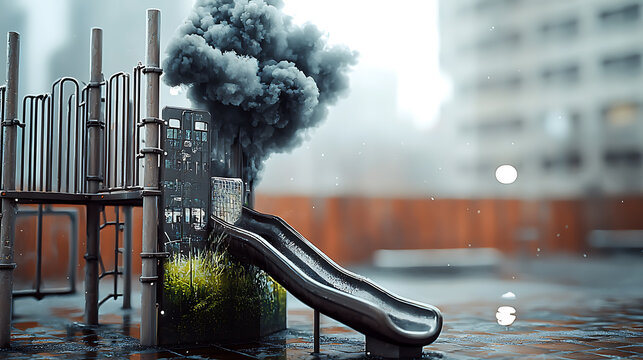 Smoke erupting from a slide urban playground digital art rainy day close-up urban decay concept