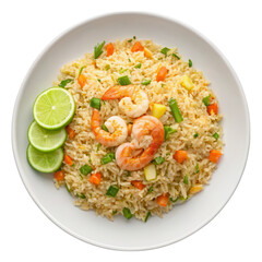 Delicious Shrimp Fried Rice with Vegetables and Fresh Lime Slices on Plate