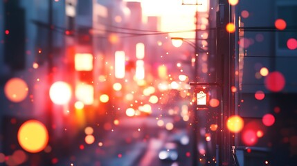 Obraz premium A vibrant urban scene with bokeh lights and a sunset backdrop.