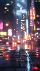 A rainy urban scene with vibrant lights reflecting on cobblestones.