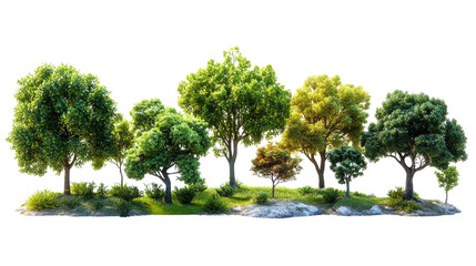 Fototapeta premium Greenery Grouping: A collection of diverse trees, showcasing a variety of leaf textures and shades, flourishes in an abundant display, suggesting natural growth and vitality. 