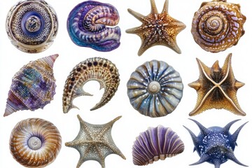 A collection of intricate seashells, displaying a variety of shapes and colors. Detailed close-up views highlight the unique textures and patterns of each shell