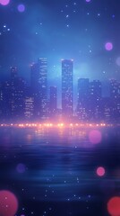 Fototapeta premium A dreamy cityscape at night with glowing lights and a misty atmosphere over water.