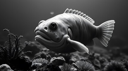 Fish Swimming Underwater in Monochrome with Coral and Rocky Seascape
