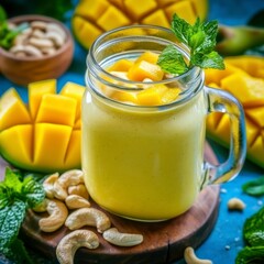Refreshing Mango Smoothie with Cashews and Mint Garnish