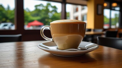 Fototapeta premium Hot latte coffee put on table in cafe restaurant drink breakfast in the morning day