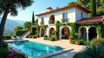 Fototapeta premium Mediterranean Villa with Pool and Mountain View, Luxurious Outdoor Oasis Featuring Archways and Lush Greenery