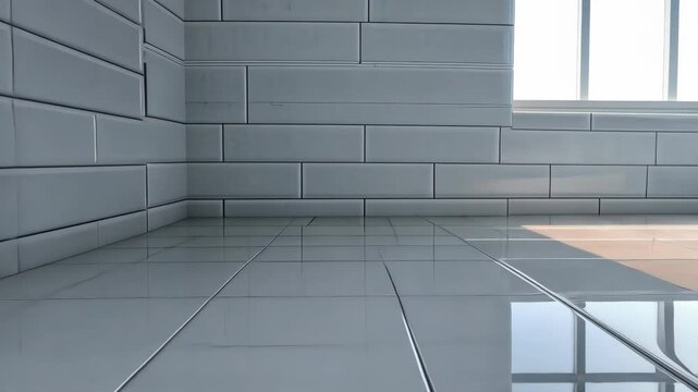 Bright sunlight streaming into empty room with reflective tiled walls and floor
