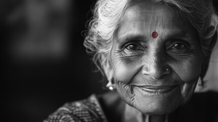 Obraz premium Elderly woman's peaceful face, India, outdoor market background