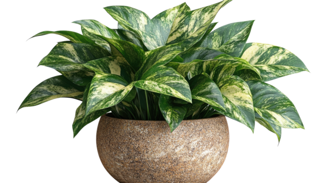 Variegated Pothos in Stone Pot: Lush variegated pothos plant with vibrant green and yellow leaves spilling from a textured stone pot, symbolizing growth and vitality.