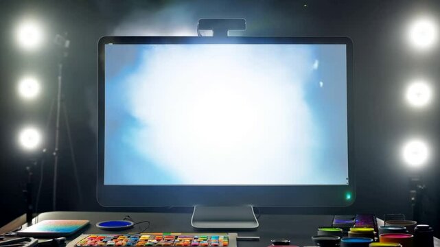Modern workspace setup with advanced technology and colorful accessories illuminated in a creative environment