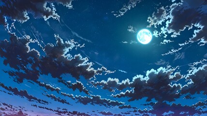 The full moon at night cartoon anime