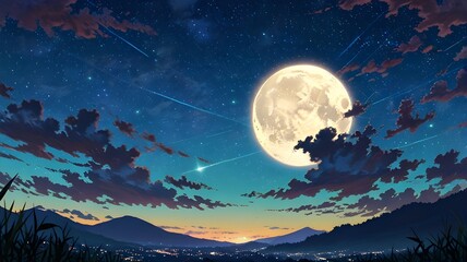 The full moon at night cartoon anime