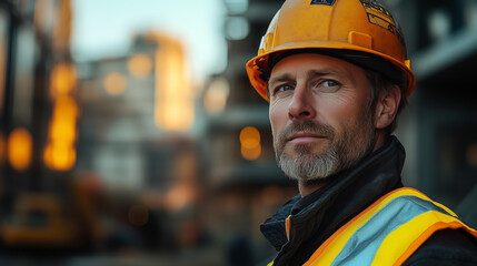 Fototapeta premium Construction worker in safety gear, focused and determined, with a blurred worksite behind. Dedication and resilience in modern industry.