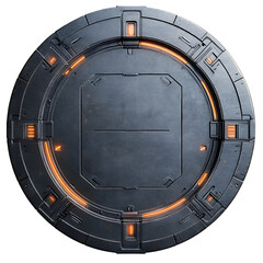Circular Metallic Technological Device Featuring Geometric Patterns and Illuminated Orange Accents on a Black Surface