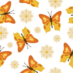 Vector seamless pattern with butterflies and flowers. Spring drawing for packaging, wallpapers and postcards.