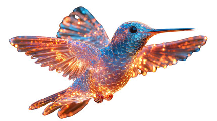 Fototapeta premium Celestial Hummingbird: A mesmerizing depiction of a hummingbird with wings outstretched, its body shimmering with a celestial blend of cosmic colors, captured with a dreamy and artistic aesthetic.