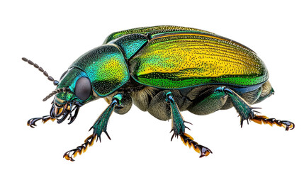 Naklejka premium Emerald Beetle: a captivating macro shot showcasing the iridescent beauty of a jewel-toned beetle, its textured exoskeleton gleaming with vibrant green and gold hues.