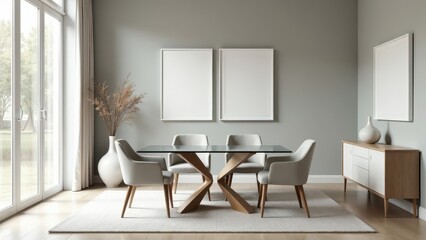 Modern dining room interior design with minimalist aesthetic and neutral color palette