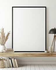 Blank vertical poster mockup on wooden shelf with decor.
